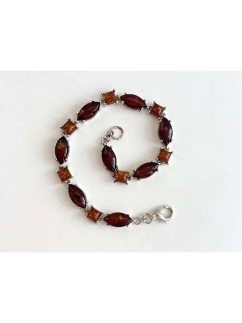 Natural Baltic Amber Marquise Chainlink Vintage Sterling Silver 925 Bracelet 7